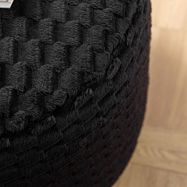 Round Plush Pouf Ottoman 20x12 Inches Black Upholstered