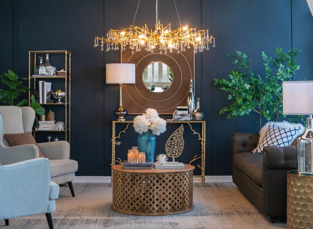 Modern Glass Table Lamp with Gold Accents & White Drum Shade