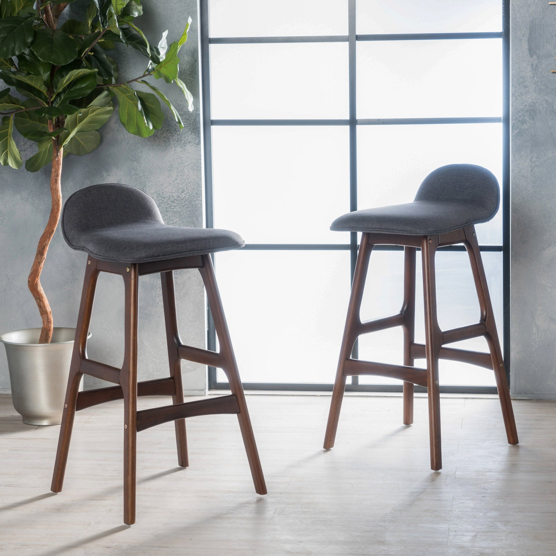 28.5' Mid-Century Modern Upholstered Low Back Barstools (Set of 2), Charcoal, Walnut Finish