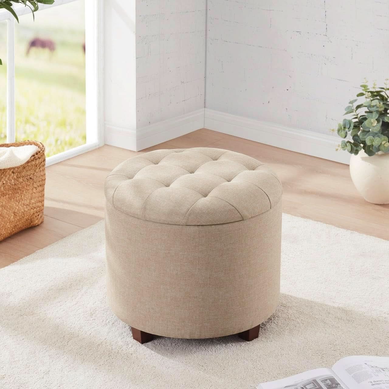 Linen Beige Round Storage Ottoman Living Space Bundle