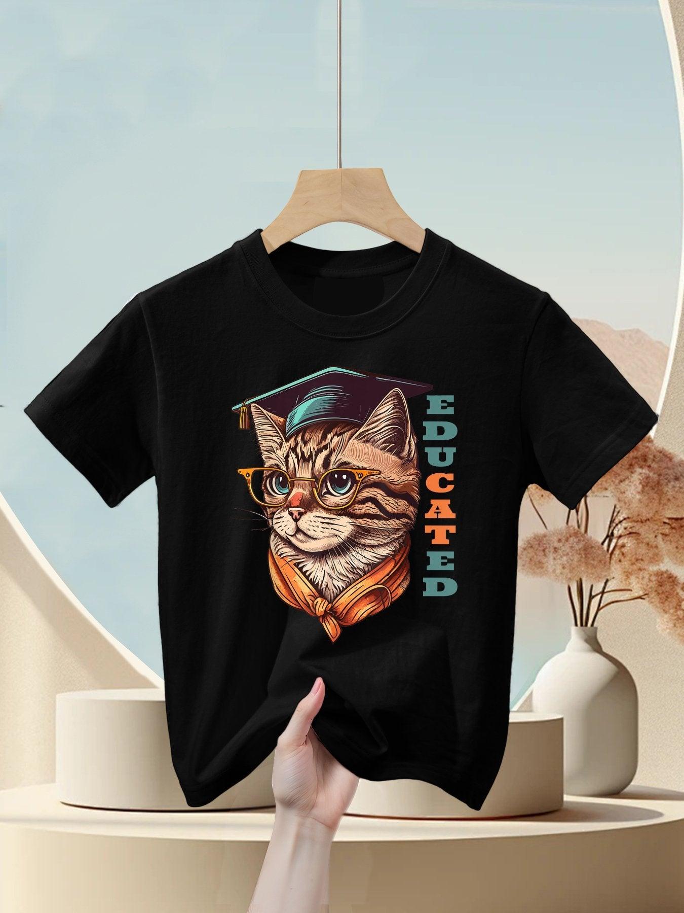 Educated Cat in Graduation Cap Funny Graduation Decorations Kids T-Shirt