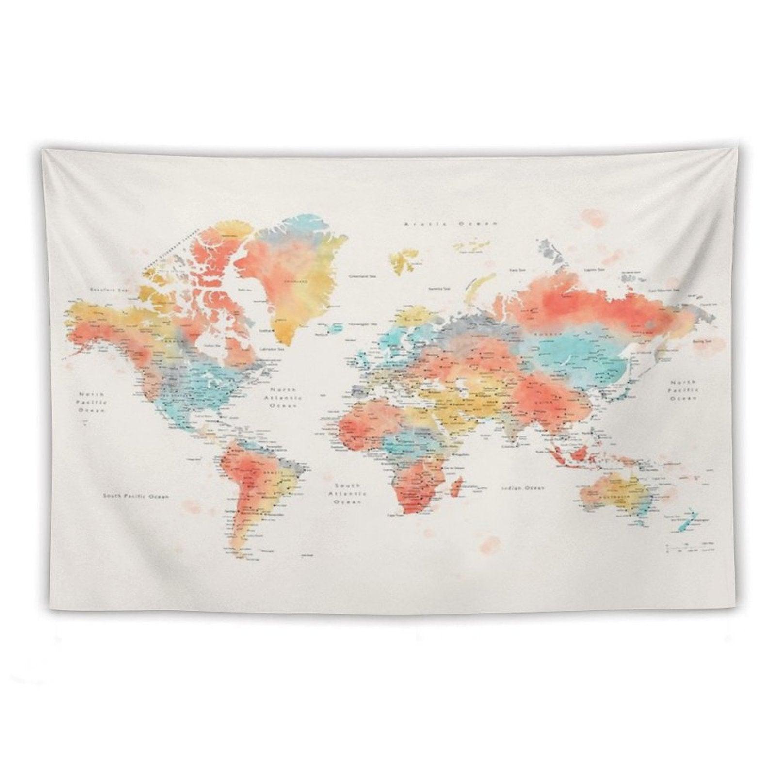 Colorful Watercolor Detailed World Map Tapestry