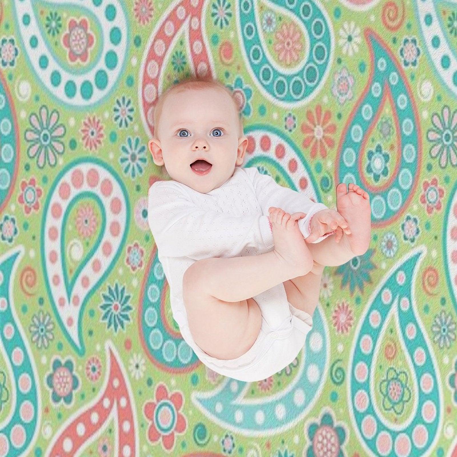 Paisley in Green, Turquoise Blue, Coral Pink And White Throw Blanket