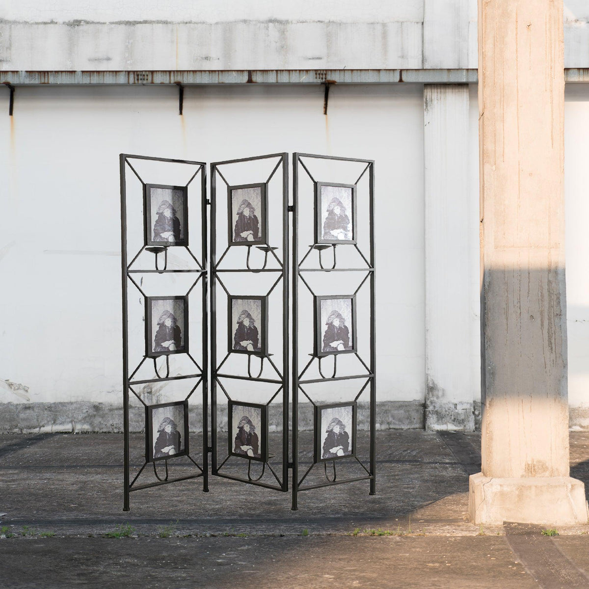 Vintage Black Metal Room Divider with Photo Frames, Antique Mirrors & Candle Holders