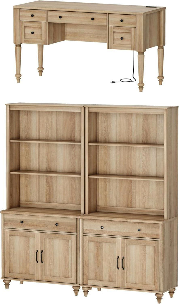 Elegant Oak 56 Inch Executive Desk Charging Station