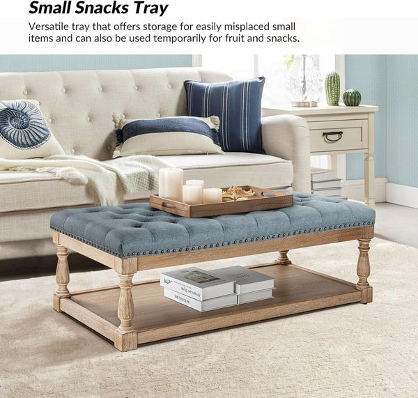 Blue Rectangular Upholstered Ottoman Coffee Table Tray