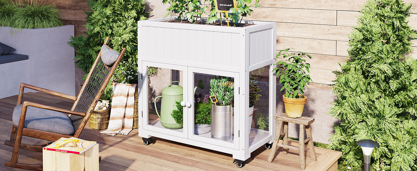 Patio 35.4''x17.7''x37.4'' Mini Wood Cold Frame, Compact 2 Doors Garden Greenhouse with Wheels, Raised Bed with Liner for Indoor Outdoor Use, White
