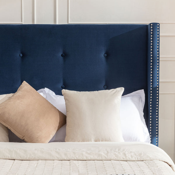 Peyton Upholstered Queen Bed with 54' High Headboard and Traditional Buttoned Tufting in Blue Velvet BLAKHOM