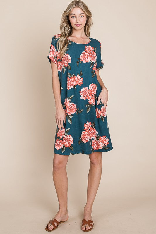 New Summer Floral Round Neck Short Tee Dress with Pockets For Women – Casual and Comfortable Floral Tee Dress with Pockets for Everyday Wear