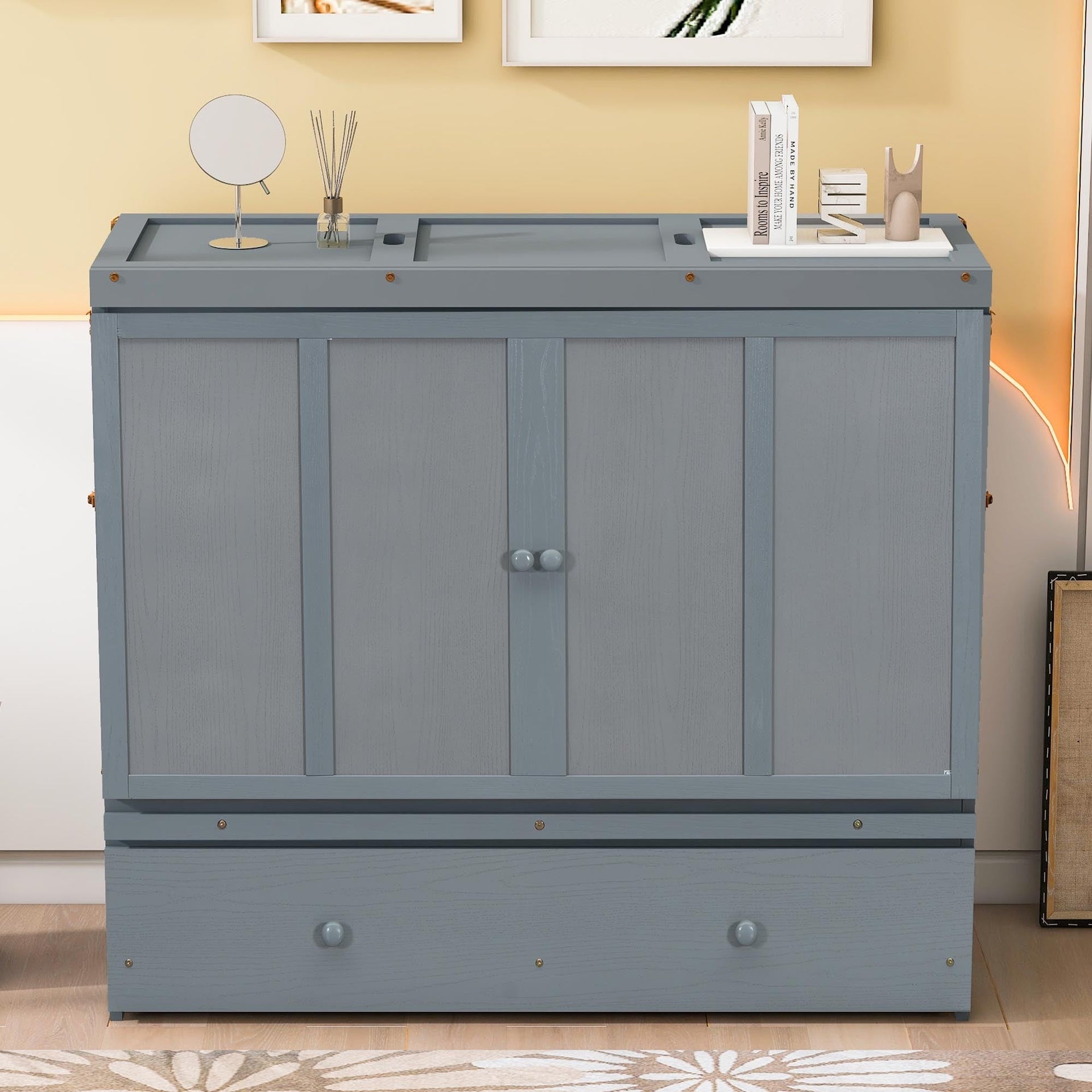 Space-Saving Full Size Murphy Bed with USB Port and Large Drawer Storage