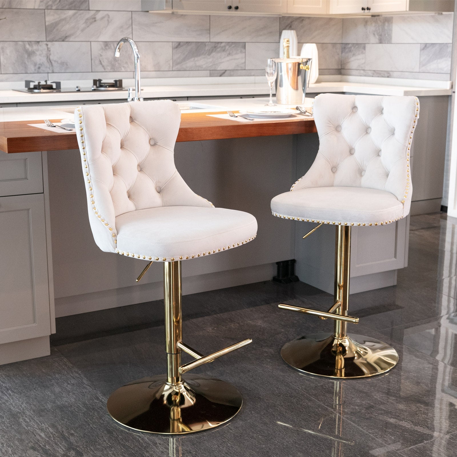 Golden Swivel Velvet Adjustable Barstools with Backs Upholstered Tufted for Home Pub