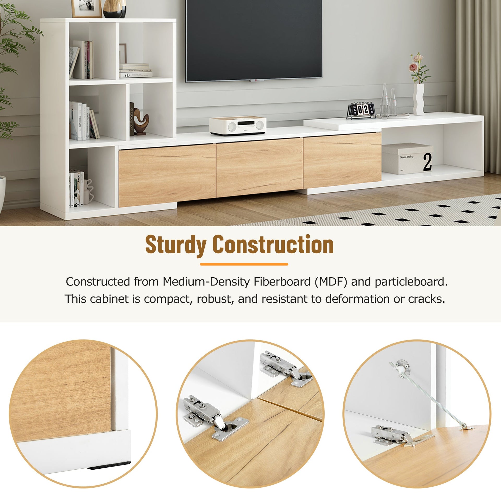Sturdy construction of Extendable TV Stand with 3 Tier Bookshelves made from MDF and particleboard, designed for durability and style.