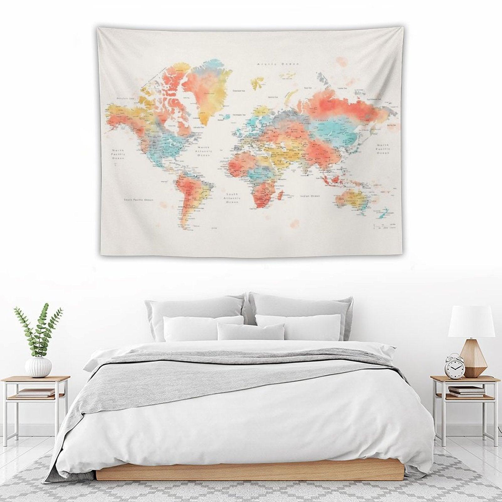 Colorful Watercolor Detailed World Map Tapestry