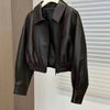 Black Soft Leather Spring And Autumn Coat Woman Square-neck Zip Leather Jacket - Black / S