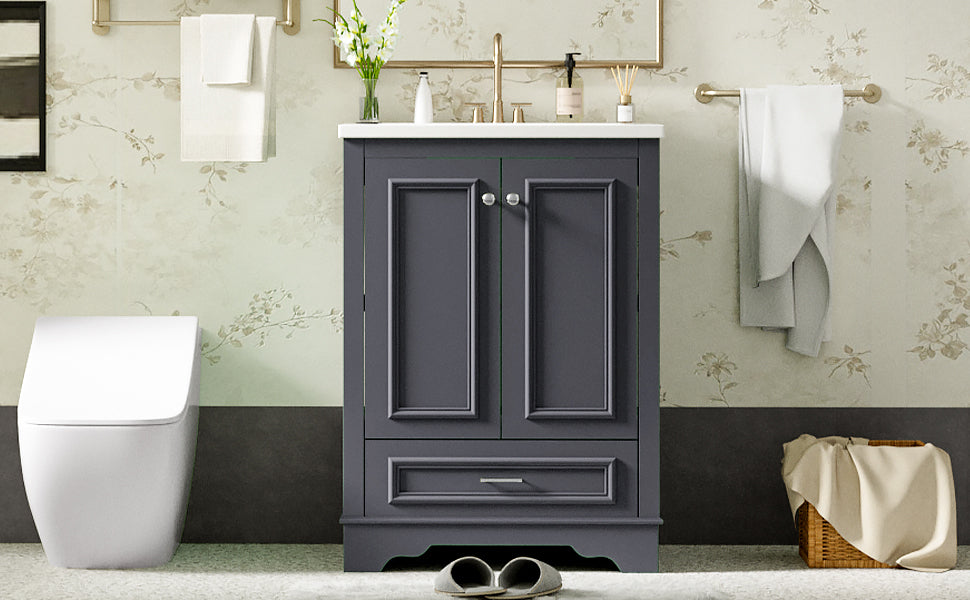 Bathroom Vanity with Ceramic Sink and Modern Freestanding Storage Cabinet, Soft-Close Doors