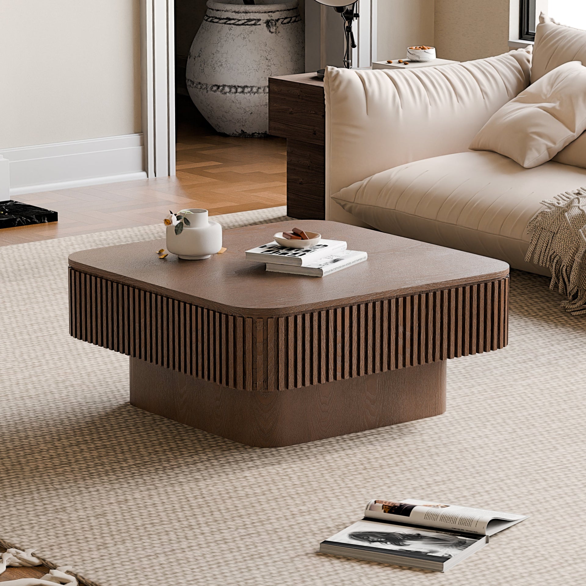 Walnut Square Modern Coffee Table with Hidden Storage
