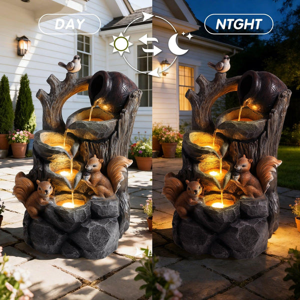Resin Squirrel Tree Stump Outdoor Fountain 30 Inch LED