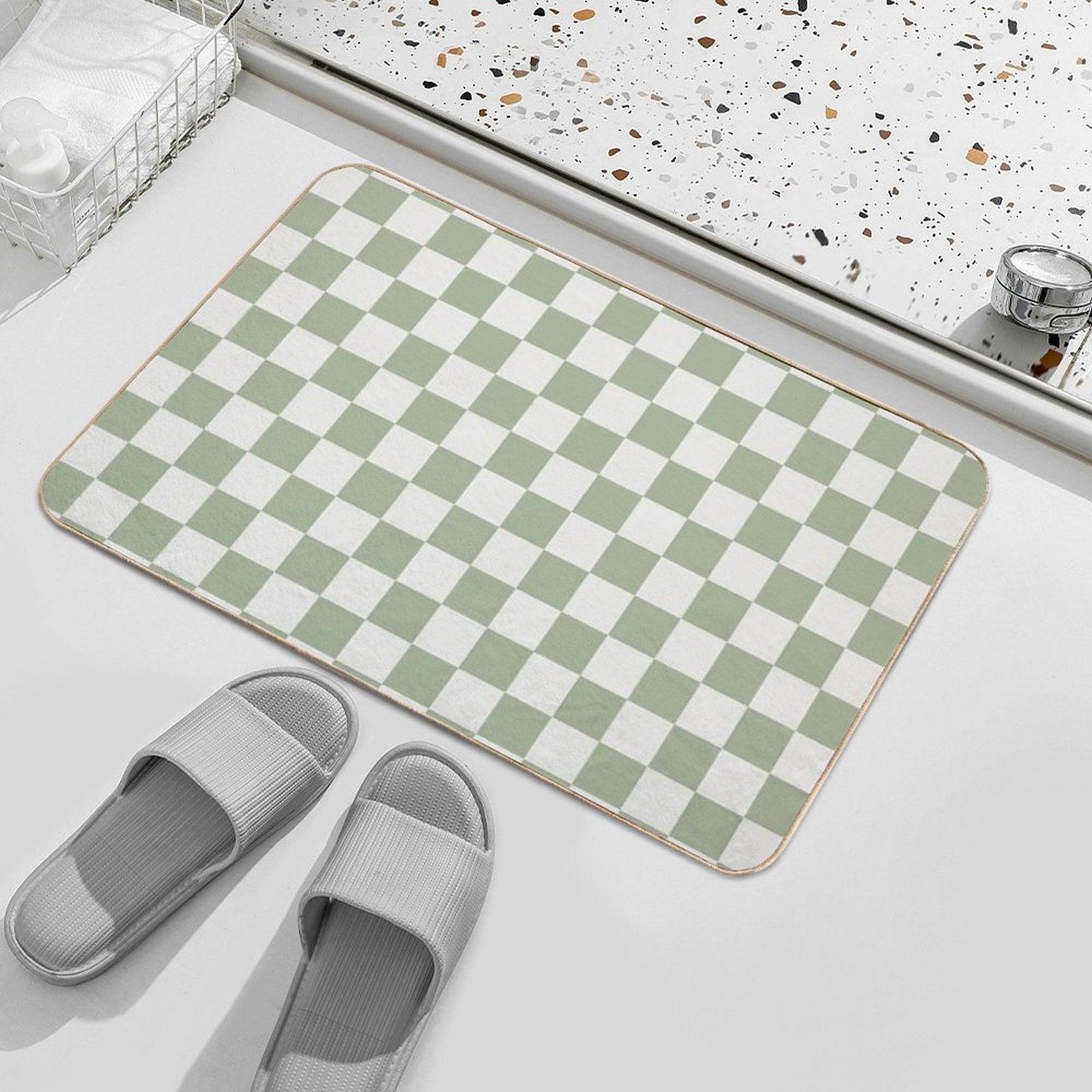 Checkerboard Mini Check Pattern in Sage Green And Off White Bath Mat