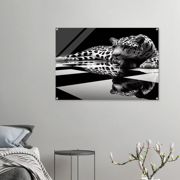Leopard Acrylic Print on Black and White Checkered Floor – Glossy Finish Wall Art