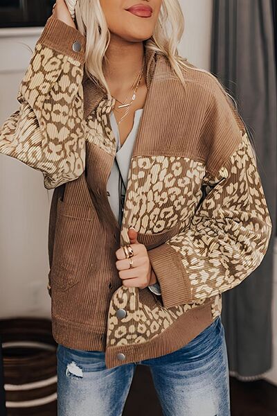 Leopard Print Drop Shoulder Jacket with Button-Up Closure Beautiful Unique Design Winter Jacket