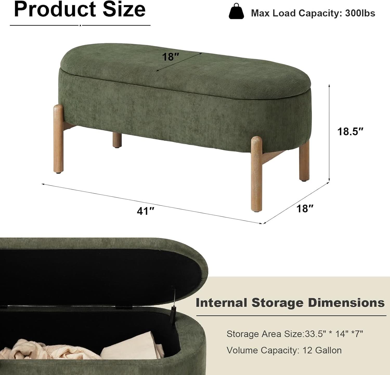 Green Oversized Storage Solution Bench Ottoman Bedroom