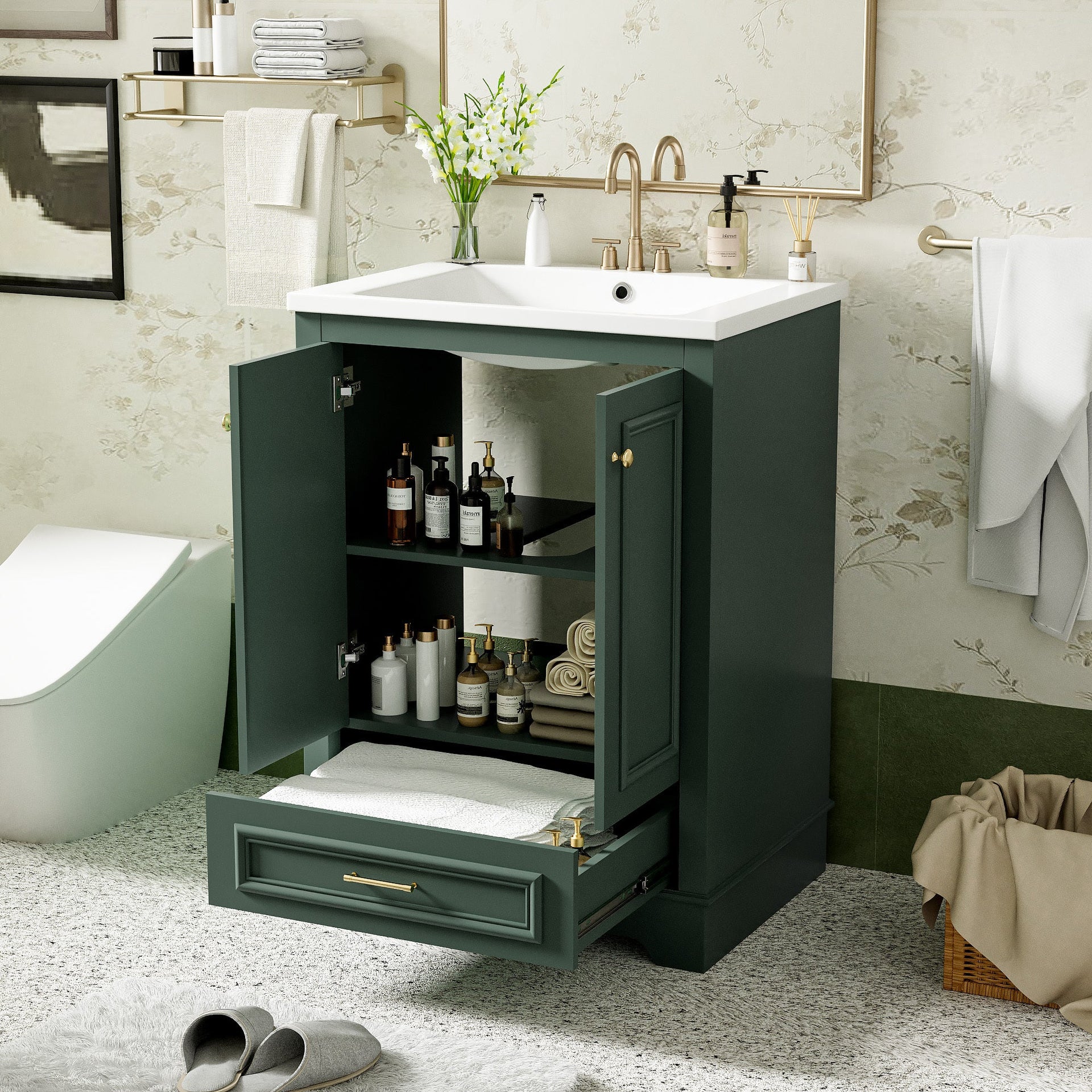Bathroom Vanity with Ceramic Sink and Modern Freestanding Storage Cabinet, Soft-Close Doors