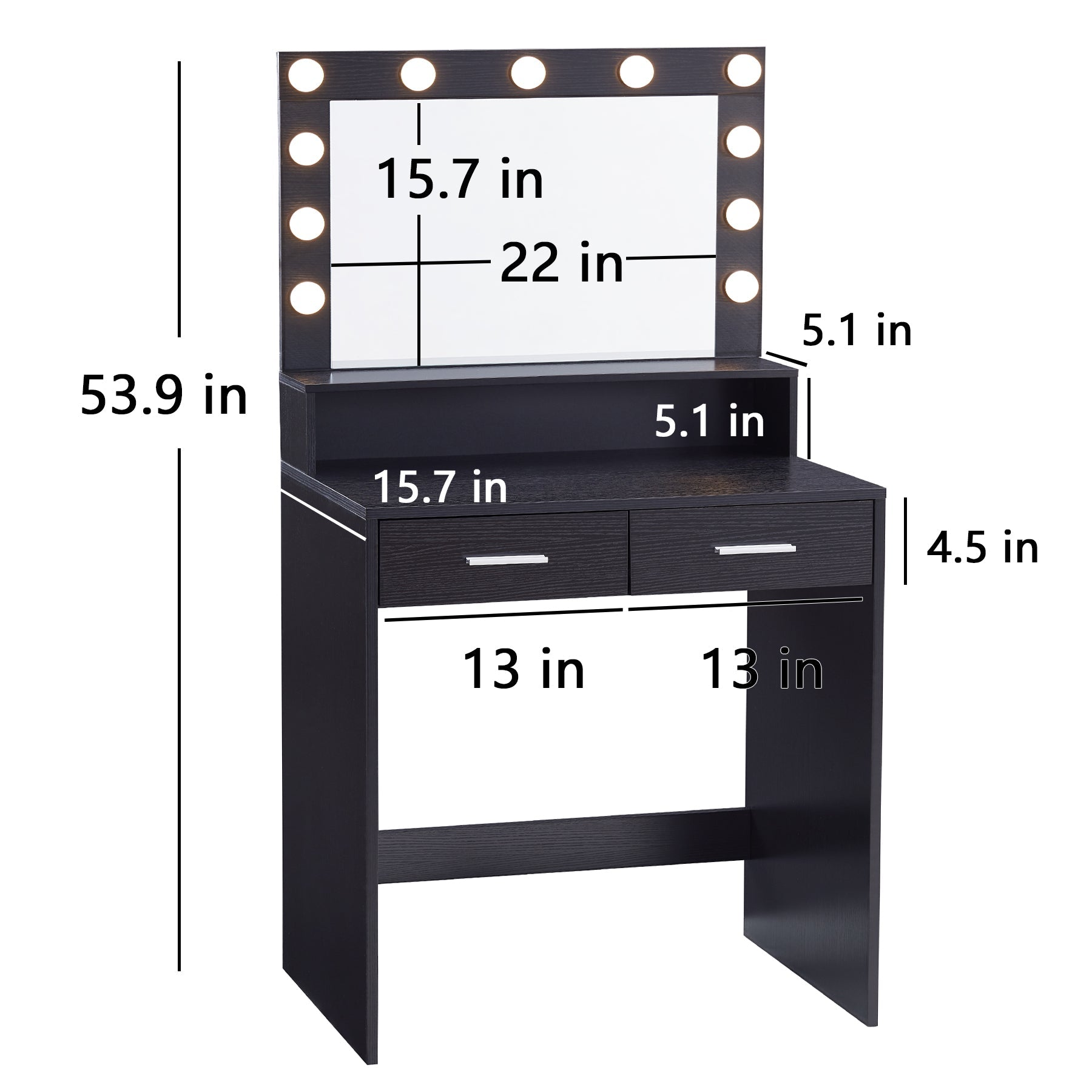 Vanity Desk with Mirror and Lights, Large Drawer and 2-Level Storage, Adjustable Brightness