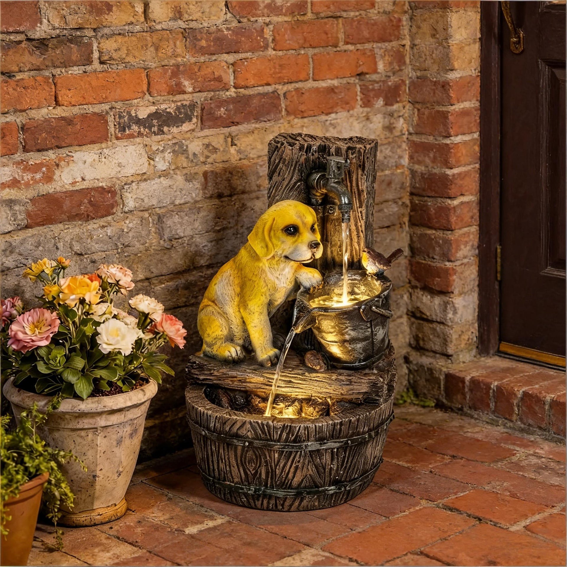 Resin Puppy Garden Outdoor Water Fountain 22 Inch