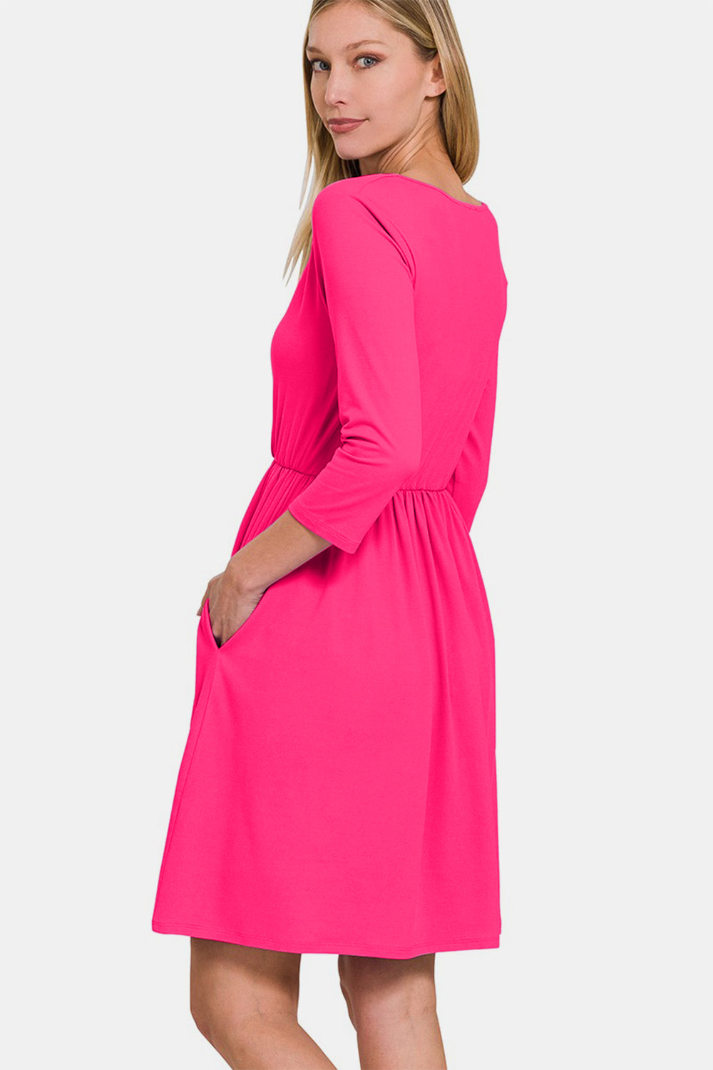 Three-Quarter Sleeve Surplice Dress with Pockets – Surplice Neckline Dress, Three-Quarter Sleeve Dress, Pocketed Mini Dress, Flattering Surplice Dress, Casual Surplice Dress, Elegant Mini Dress, Feminine Mini Dress