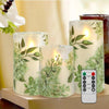 A set of 3 flameless candles, flickering LED pillar candles, with a 10-button remote control. They feature a green floral theme, are suitable for spring and summer, and can be used on the dining tables at wedding venues