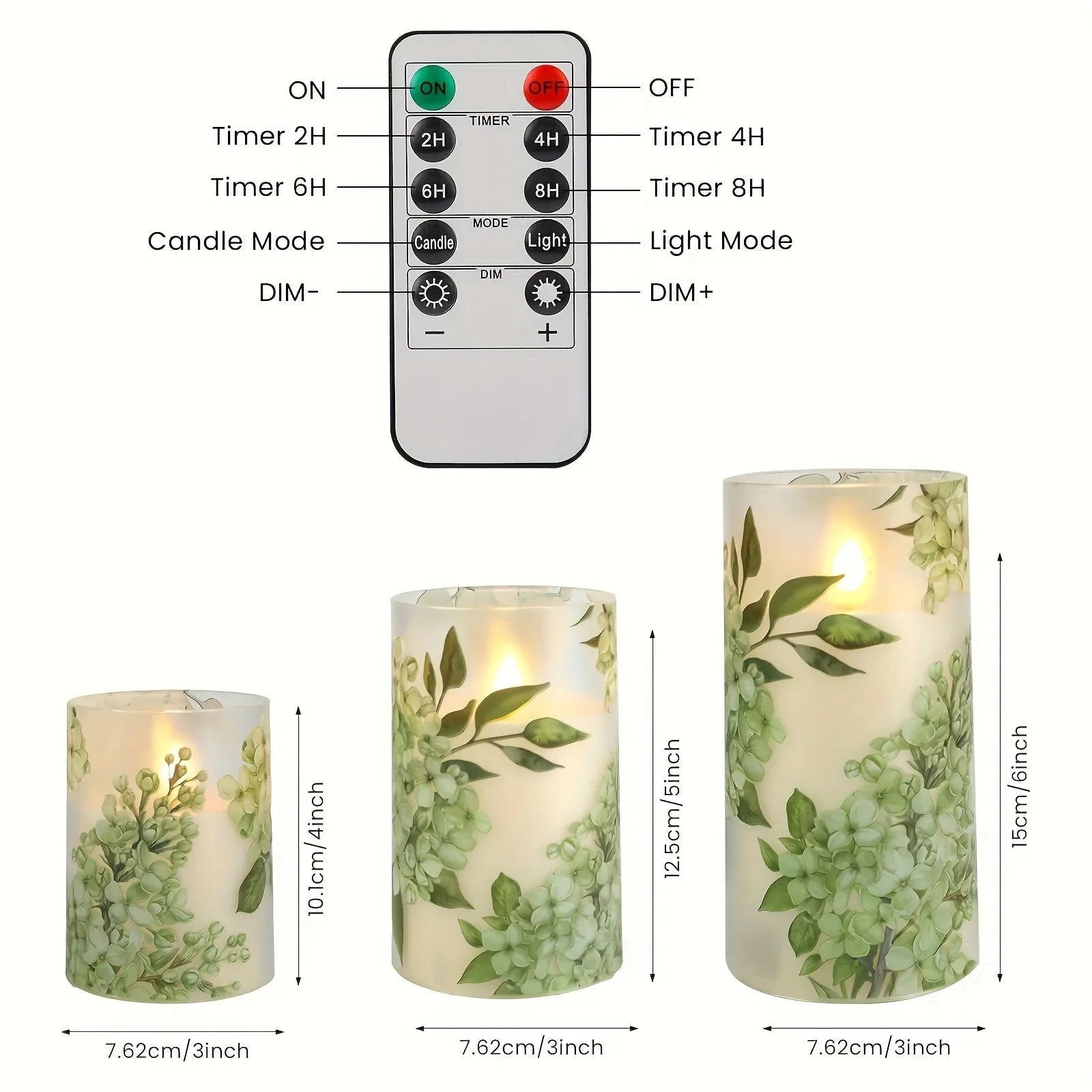 A set of 3 flameless candles, flickering LED pillar candles, with a 10-button remote control. They feature a green floral theme, are suitable for spring and summer, and can be used on the dining tables at wedding venues