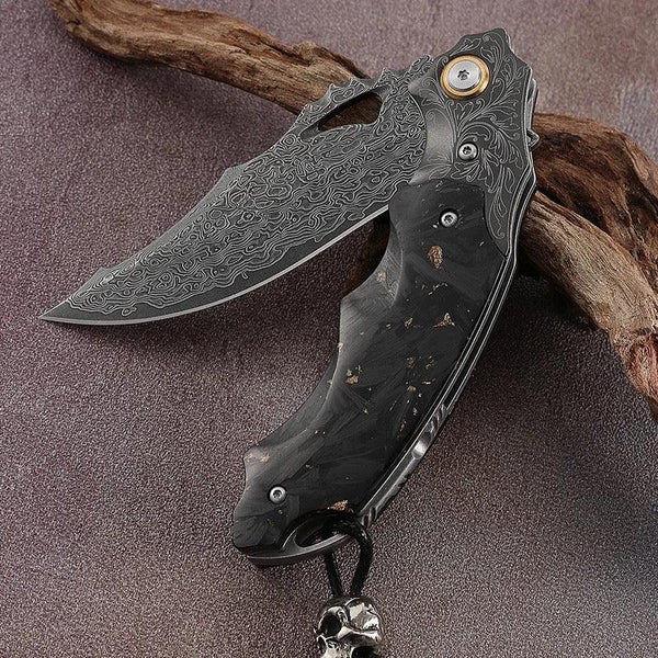 Black gold EDC Gentlemen's Pocket Knife with 14K Gold Foil Carbon Fiber Handle & Sheath Personalized