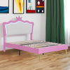 Full Size Upholstered Bed Frame with LED Lights, Modern Upholstered Princess Bed with Crown Headboard, Pink+White