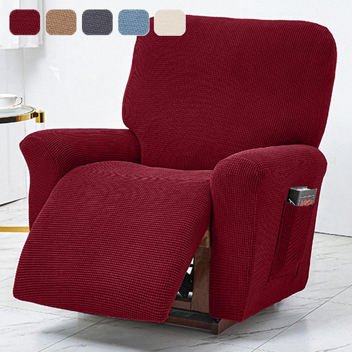 Polar Fleece Recliner Chair Cover, 4-Piece Soft Plush Slipcover with Pocket for Reclining Chairs
