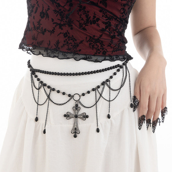 Dark Wind Cross Iron Chain Waist Chain Multi layer Versatile Tassel Crystal Body Chain Female