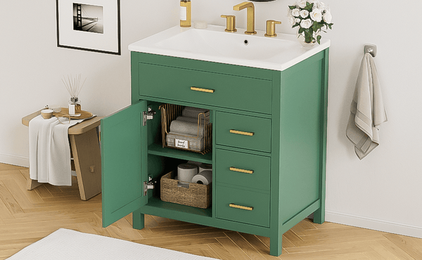 30-Inch Green Bathroom Vanity with Ceramic Sink and Ample Storage - Ideal Choice for Small Bathrooms