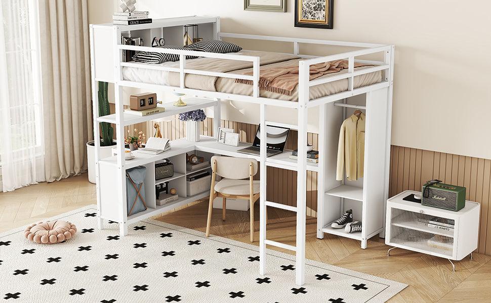 Metal loft bed with wardrobe and L-shaped desk, full-size loft bed with storage cabinet and shelf, white