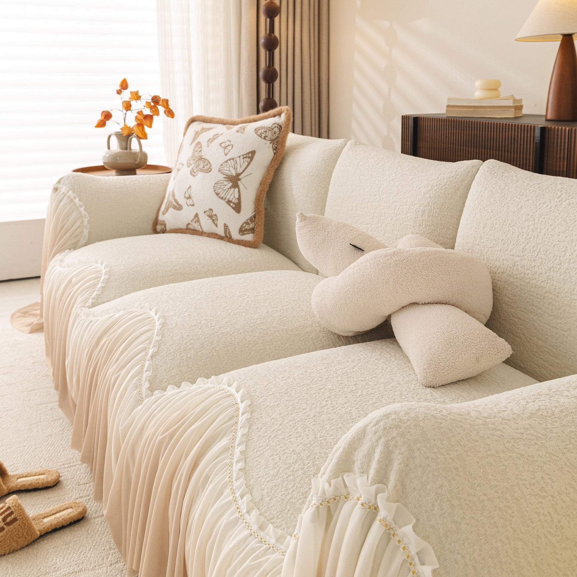 Luxury Sofa Throw Cover with Elegant Ruffled Skirt, Soft Decorative Couch Protector