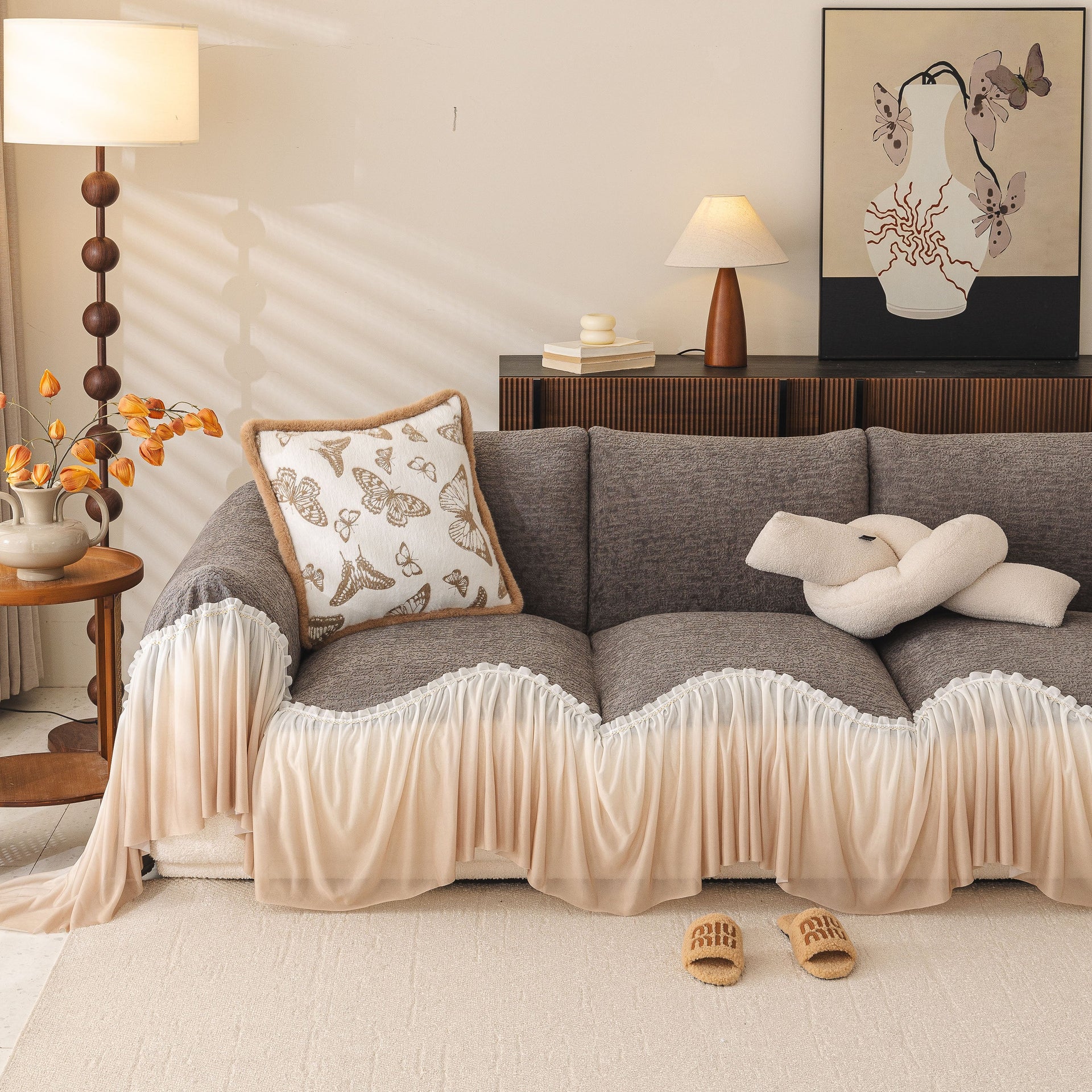 Luxury Sofa Throw Cover with Elegant Ruffled Skirt, Soft Decorative Couch Protector