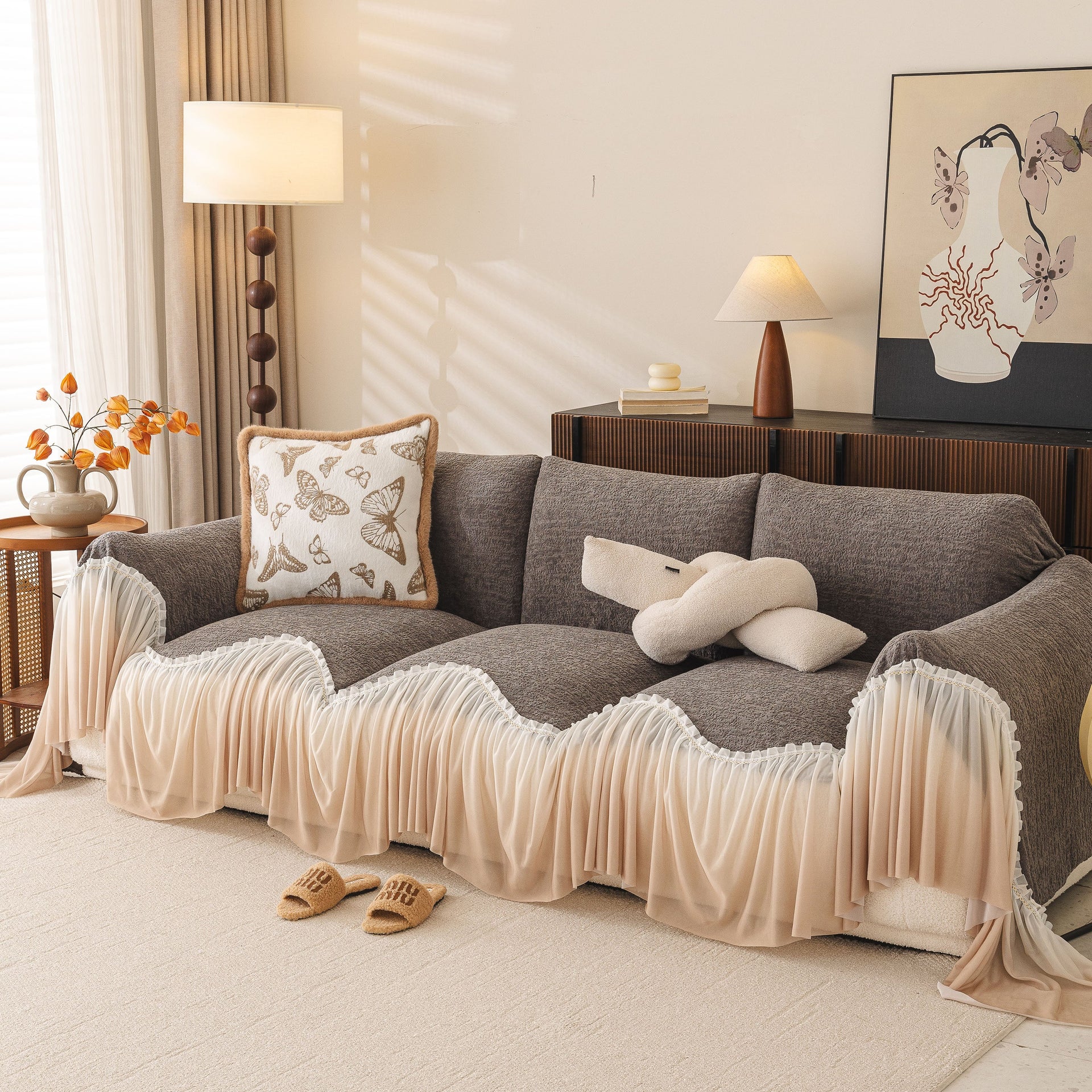 Luxury Sofa Throw Cover with Elegant Ruffled Skirt, Soft Decorative Couch Protector