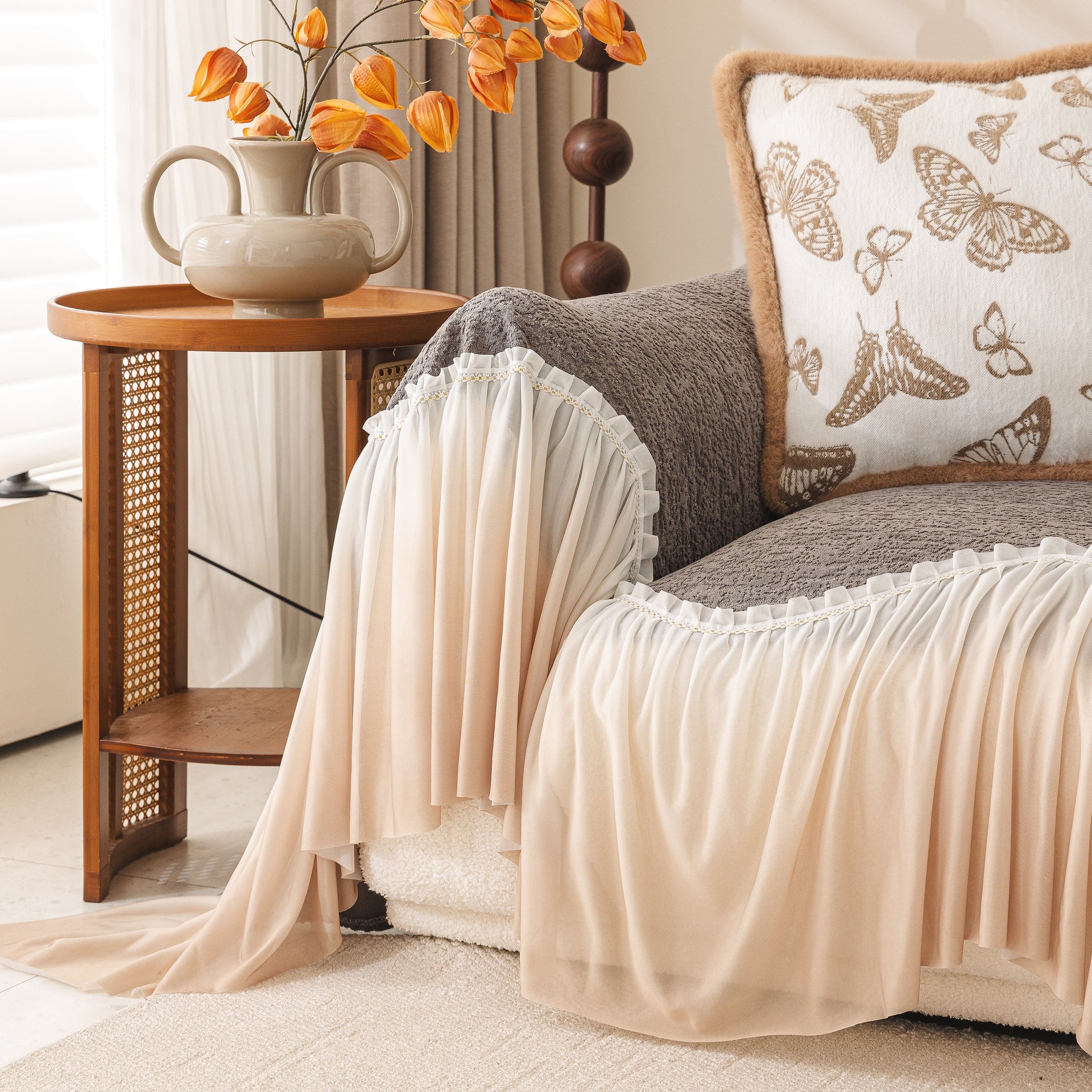 Luxury Sofa Throw Cover with Elegant Ruffled Skirt, Soft Decorative Couch Protector