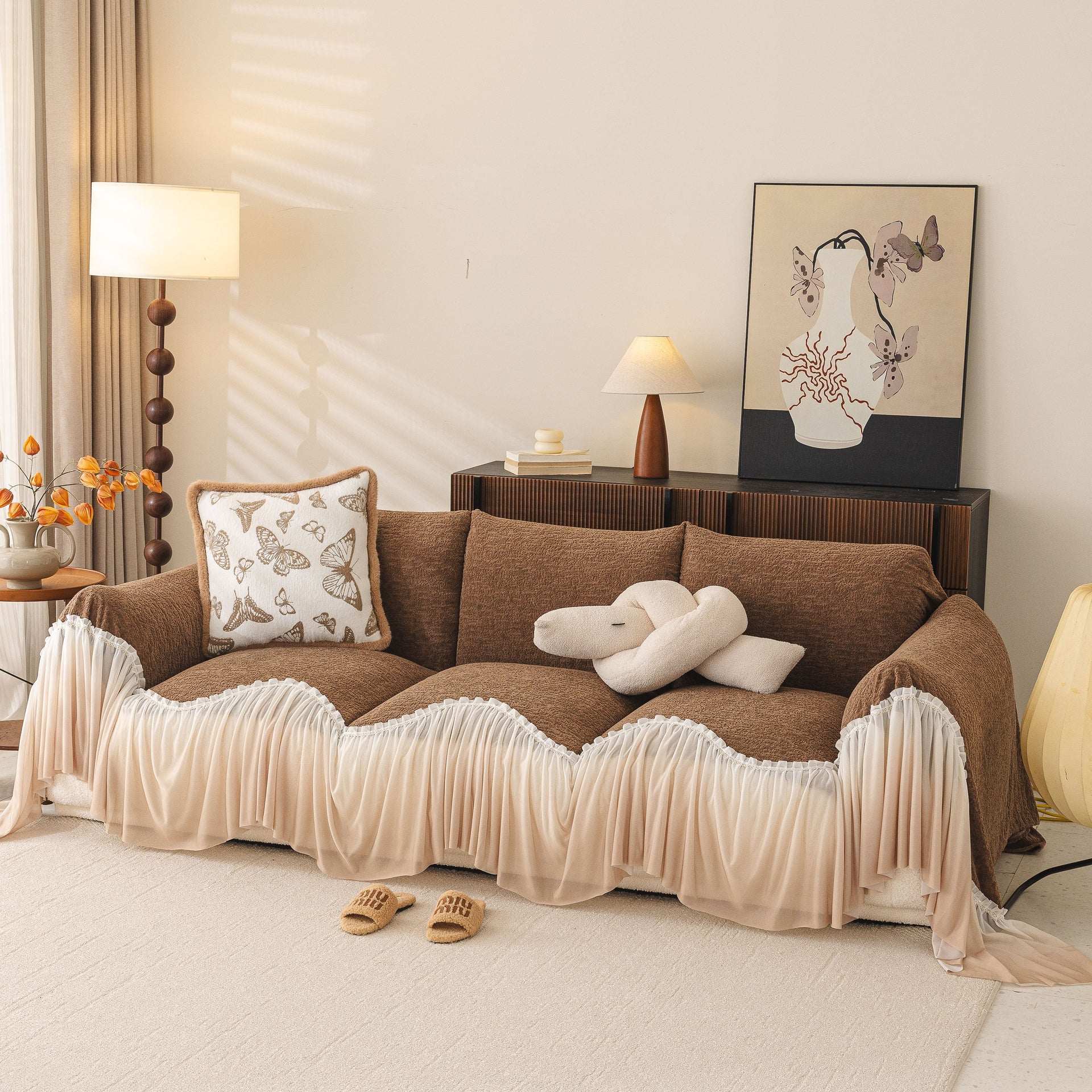 Luxury Sofa Throw Cover with Elegant Ruffled Skirt, Soft Decorative Couch Protector