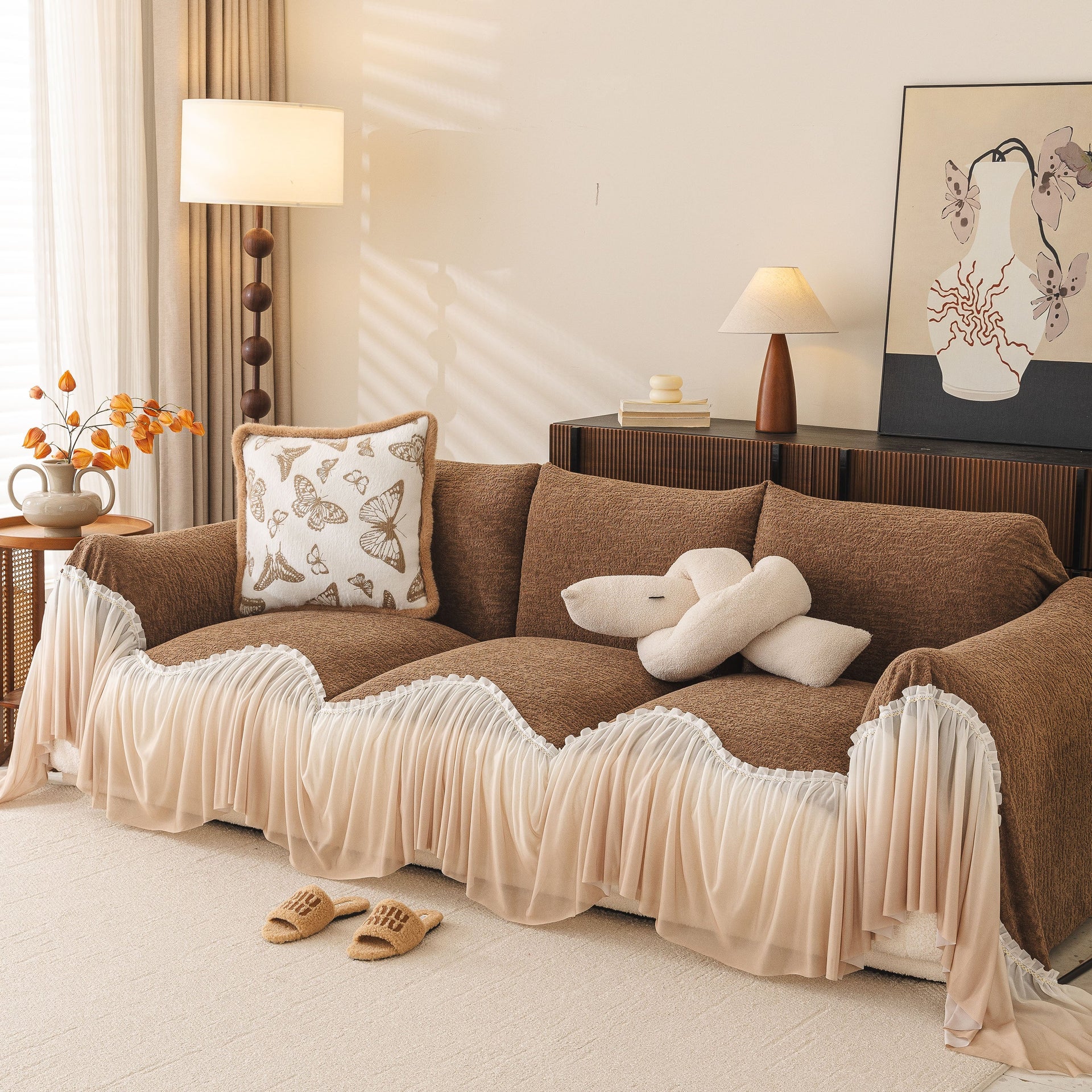 Luxury Sofa Throw Cover with Elegant Ruffled Skirt, Soft Decorative Couch Protector