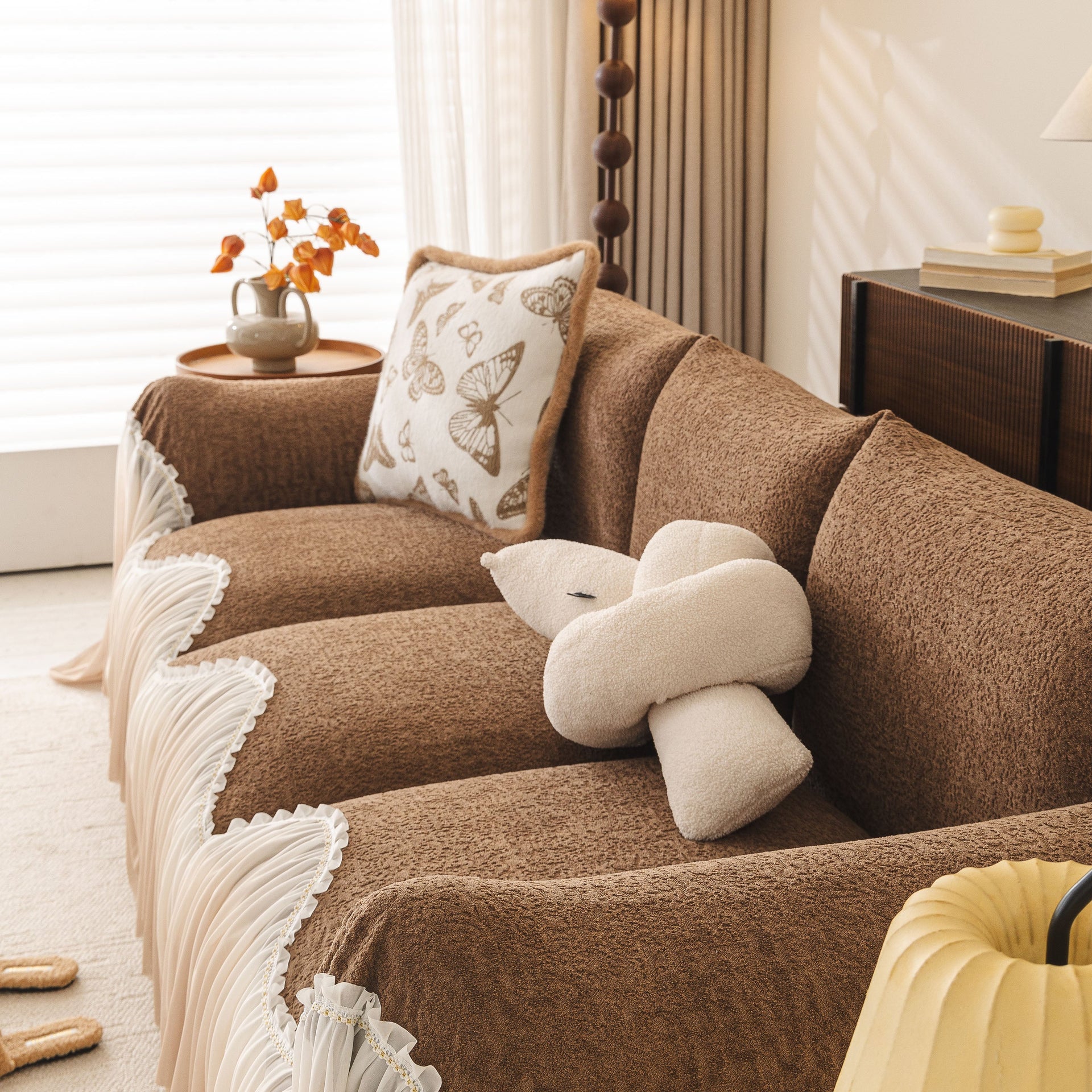 Luxury Sofa Throw Cover with Elegant Ruffled Skirt, Soft Decorative Couch Protector