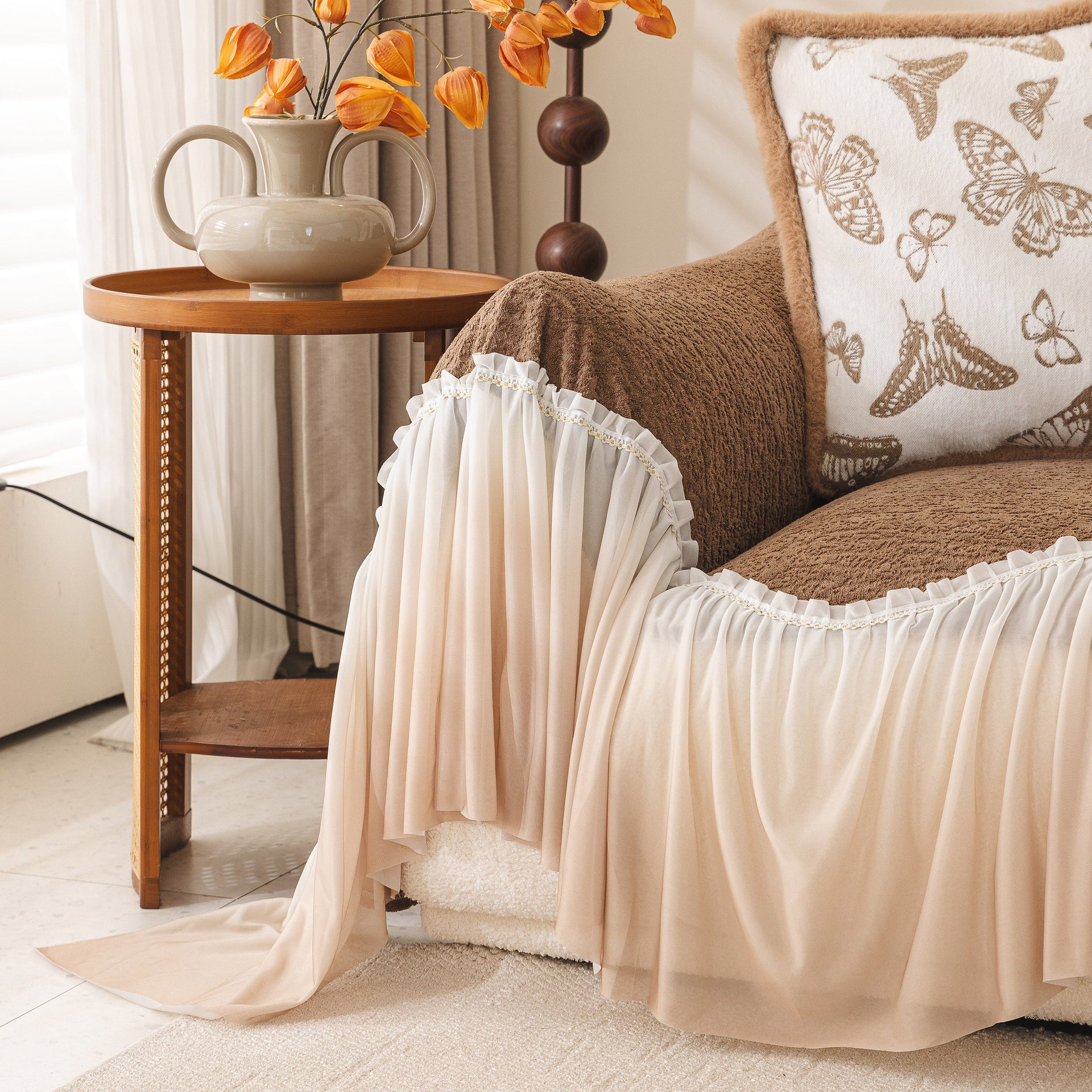 Luxury Sofa Throw Cover with Elegant Ruffled Skirt, Soft Decorative Couch Protector