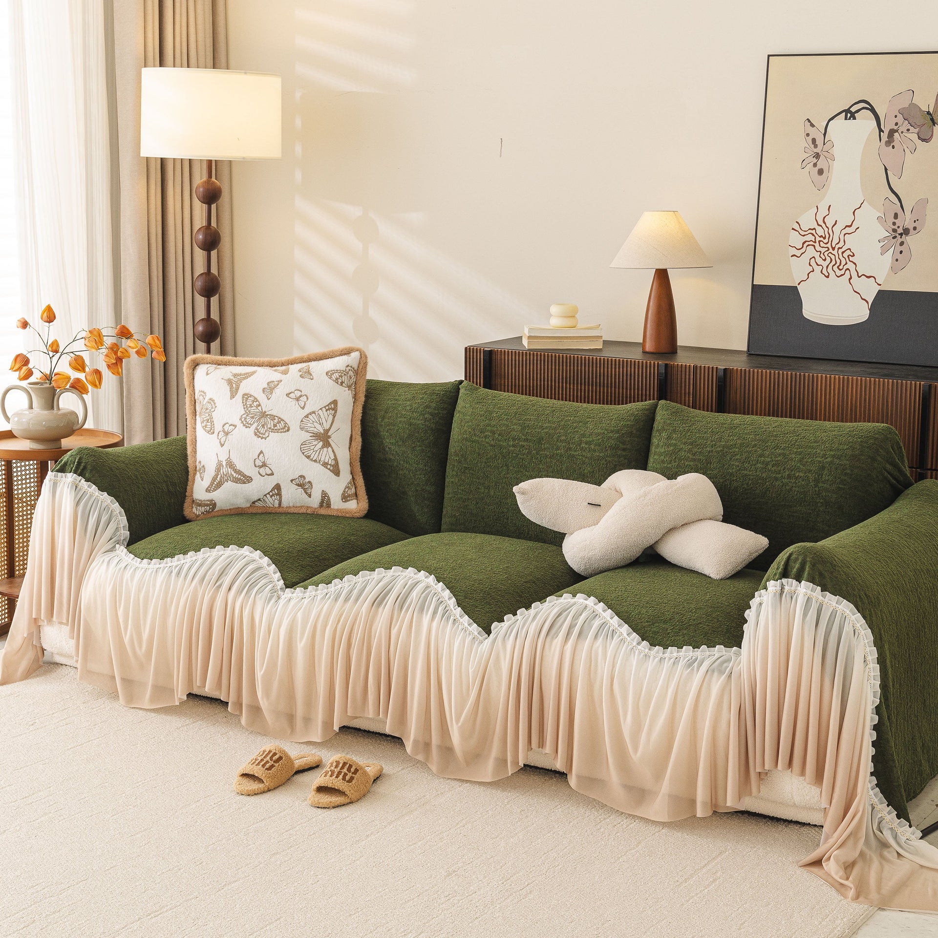 Luxury Sofa Throw Cover with Elegant Ruffled Skirt, Soft Decorative Couch Protector