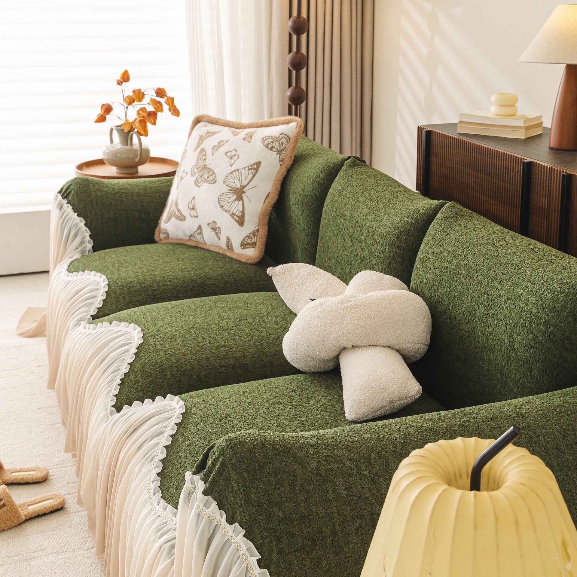 Luxury Sofa Throw Cover with Elegant Ruffled Skirt, Soft Decorative Couch Protector