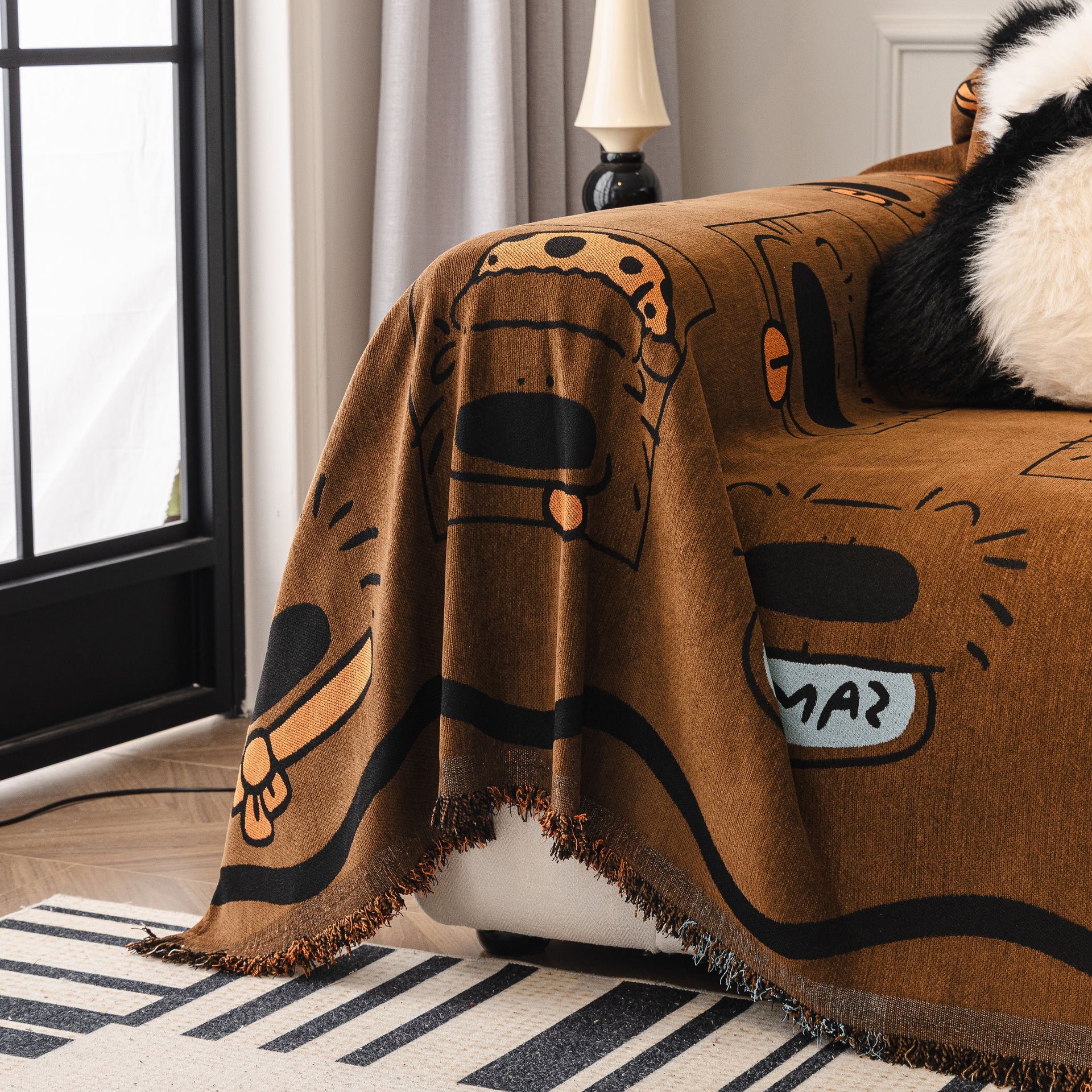 Cute Chenille Couch Cover Throw, Cartoon Soft Washable Sofa Cover for Sectional Sofas