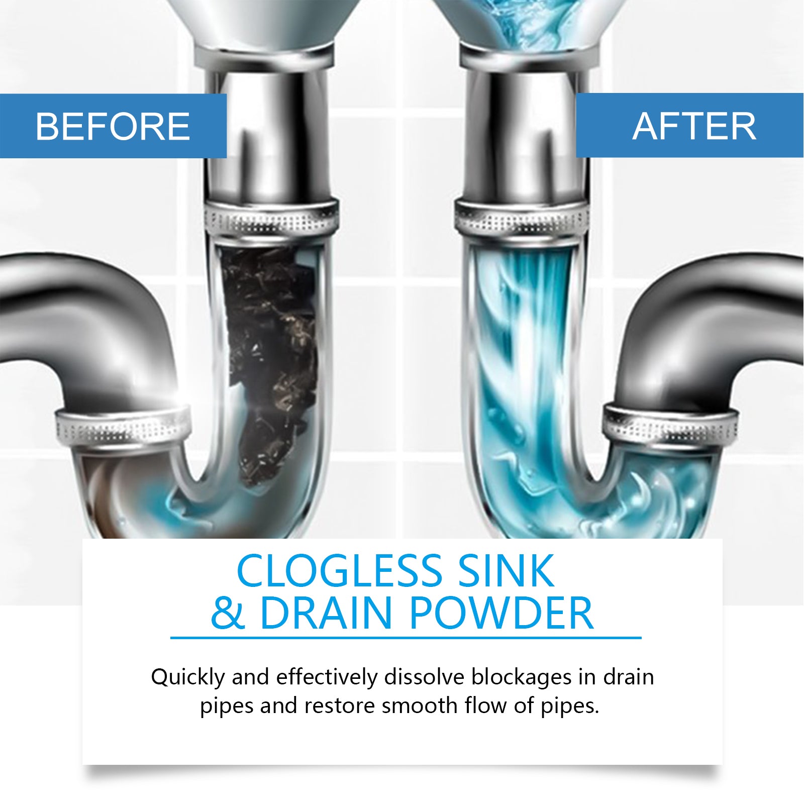 Drain Blockage Removal Powder, Kitchen Bathroom Floor Drain Pipe Cleaning Decontamination Desalting Odor