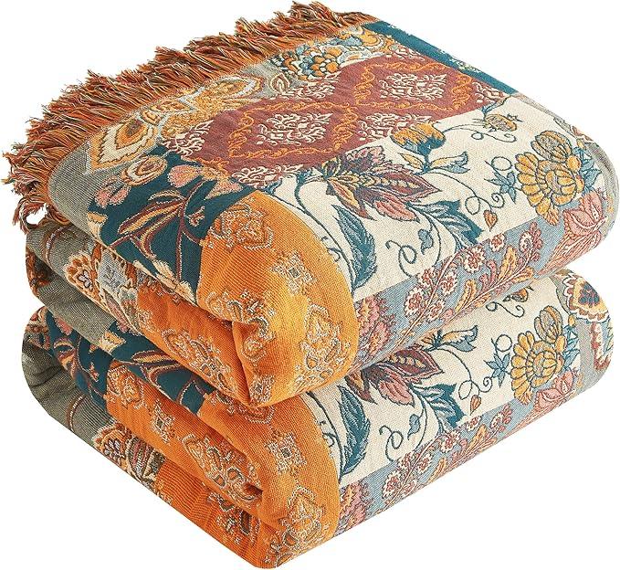 Boho Throw Blanket for Bed 90”x98”, 100% Cotton Woven Blanket for Couch Sofa, Ultra Soft 4-Layer Muslin Quilt with Patchwork Floral Printed, Farmhouse Bed Blanket/Cover for Living Room Decor